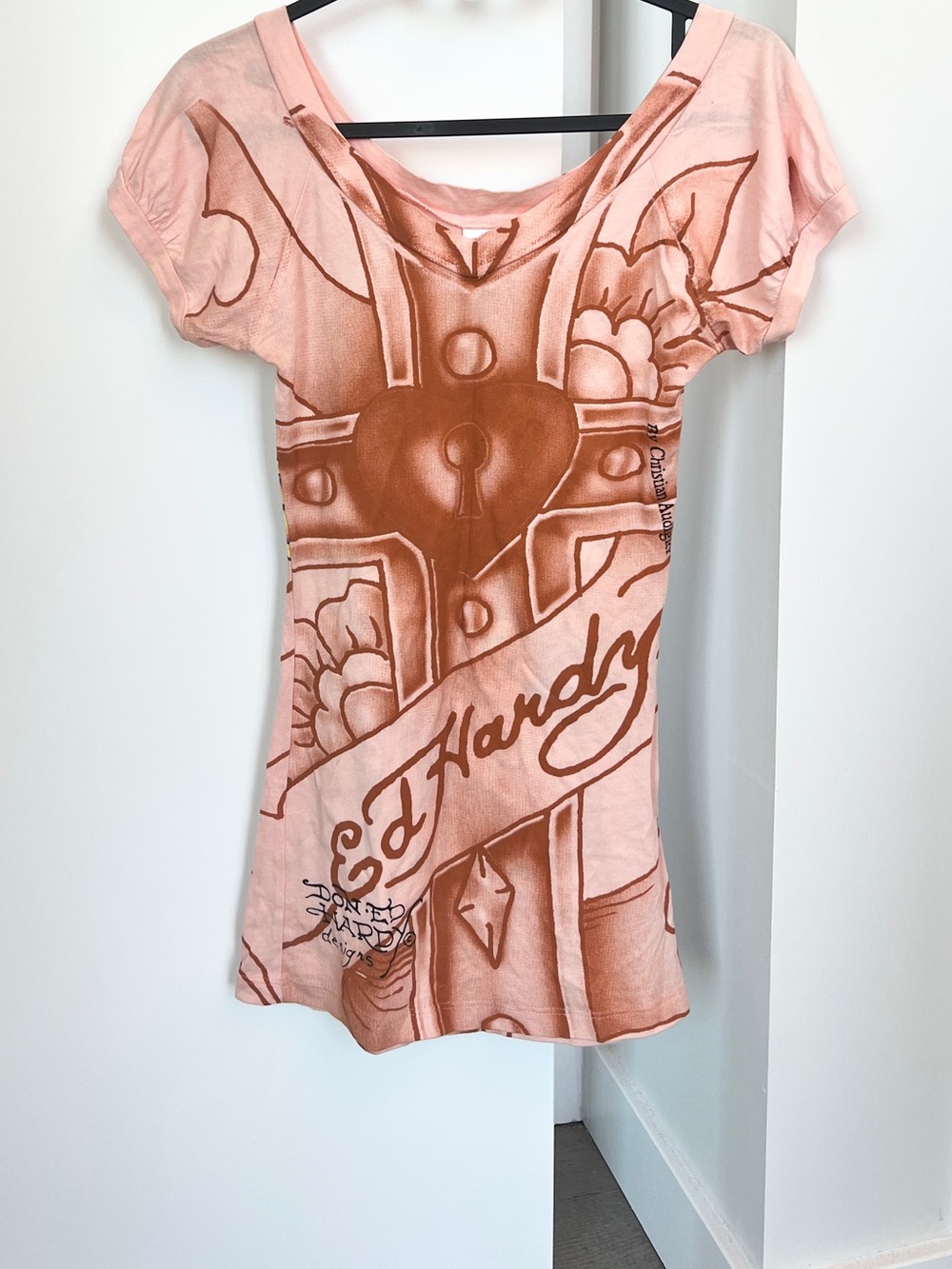 BNWOT Ed Hardy Pink Graphic Tee with Yellow & Brown Accents